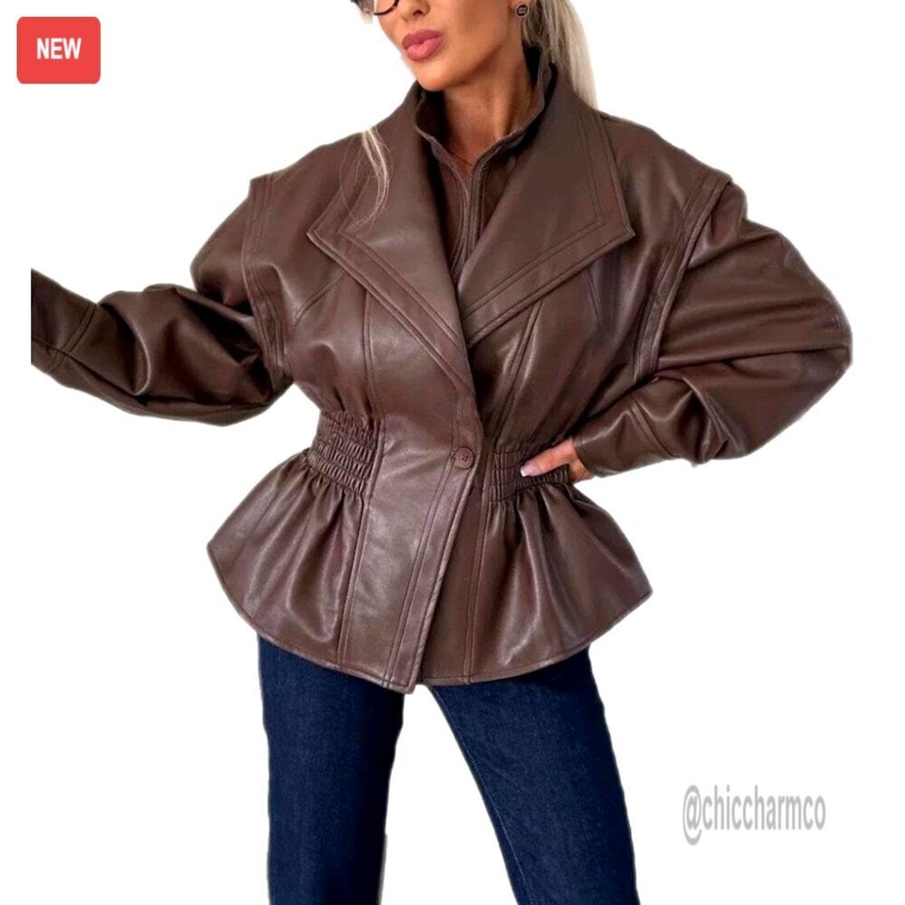 Faux Leather Jacket Women's Long Sleeve Vintage Streetwear Winter Coat